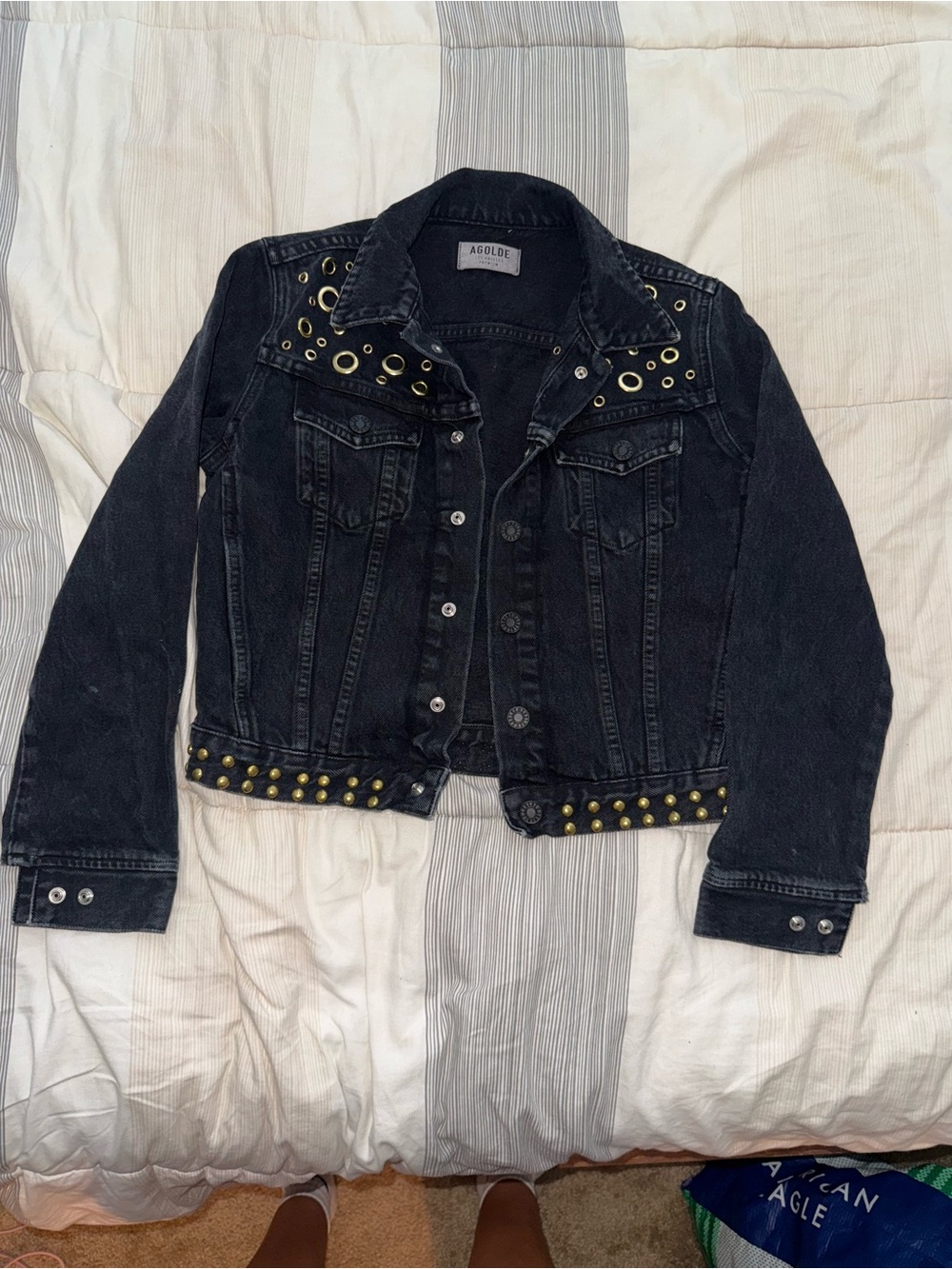 Agolde Black Denim Jacket with Gold Studs & Grommets